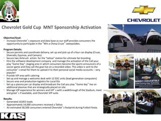 Objective/Goal:
• Increase Chevrolet’s exposure and data base as our staff provides consumers the
opportunity to participate in the “Win a Chevy Cruze” sweepstakes.
Program Details:
• Secure permits and coordinate delivery, set up and pick up of a four-car display (Cruze,
Silverado, Equinox, and Camaro)
• Secure two Airbrush artists for the "tattoo" station for ultimate fan branding
• Hire the software development company and manage the activation of the Call your
play "Game Day": staging area in which consumers become the sports announcers of a
soccer game and they call the goal live on a recorded video. This video is sent to the
consumer’s email for them to upload it to their personal social media accounts – very
popular!
• Provide VIP area with catering
• Set up and manage a welcome desk with 12 EDC units (lead generation computers)
• Secure area and production logistics for Local DJs
• Set up a plasma per car display and broadcast the Call you play “Game day” live on
additional plasmas that are strategically placed on site.
• Manage VIP experience for winners and VIP’s with a walkthrough of the Stadium, meet
and greet’s if available, and Chevrolet VIP suite.
Results:
• Generated 10,853 leads
• Approximately 14,000 consumers received a Tattoo
• An estimated 58,500 consumers entered Chevrolet’s footprint during Futbol Fiesta.
Chevrolet Gold Cup MNT Sponsorship Activation
 