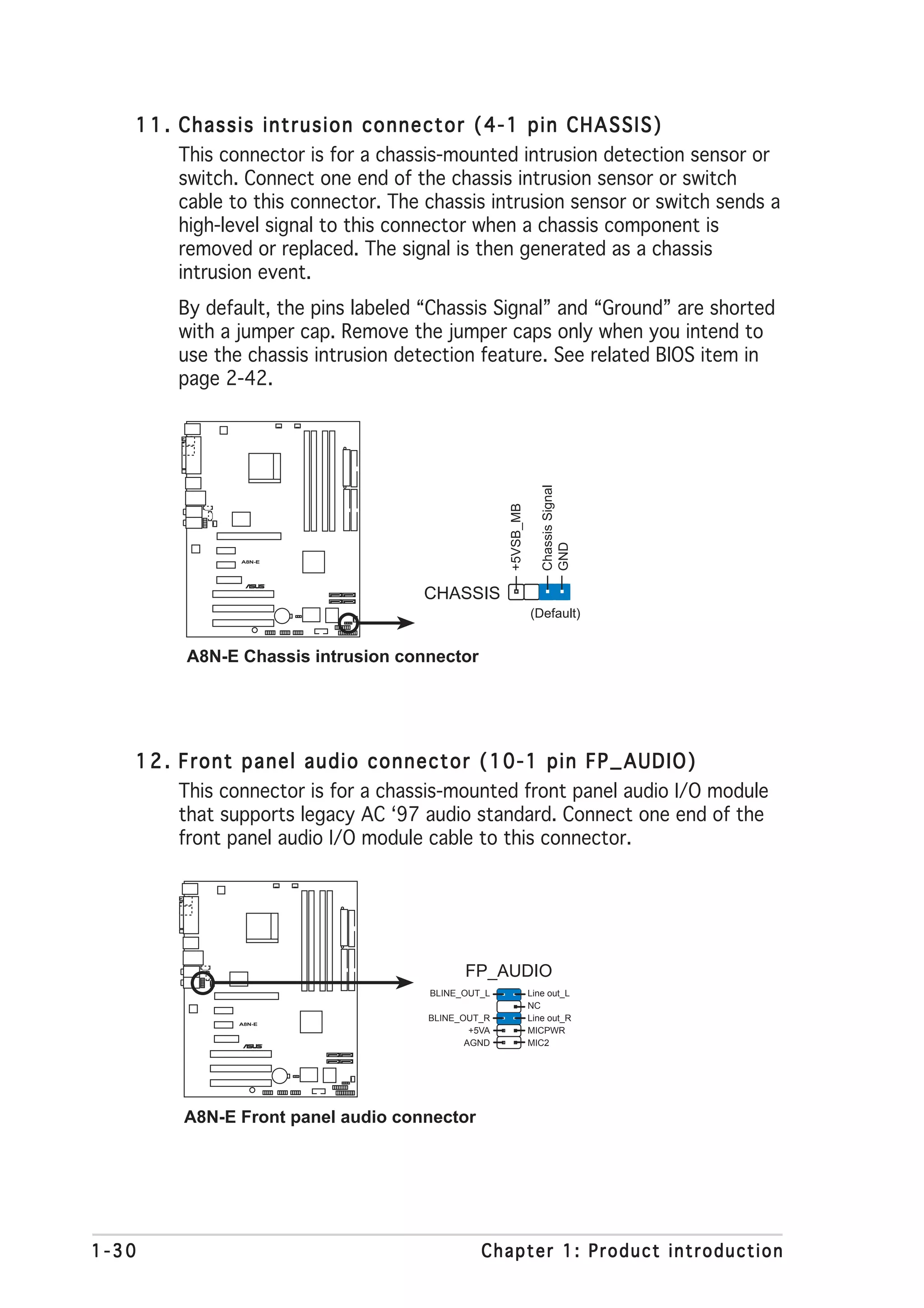 1 1 . Chassis intrusion connector (4-1 pin CHASSIS)
         This connector is for a chassis-mounted intrusion detection sensor or
         switch. Connect one end of the chassis intrusion sensor or switch
         cable to this connector. The chassis intrusion sensor or switch sends a
         high-level signal to this connector when a chassis component is
         removed or replaced. The signal is then generated as a chassis
         intrusion event.
        By default, the pins labeled “Chassis Signal” and “Ground” are shorted
        with a jumper cap. Remove the jumper caps only when you intend to
        use the chassis intrusion detection feature. See related BIOS item in
        page 2-42.




                                                                   Chassis Signal
                                                     +5VSB_MB


               A8N-E
                                                                   GND
                           ®




                                     CHASSIS
                                                                (Default)


         A8N-E Chassis intrusion connector




   1 2 . Front panel audio connector (10-1 pin FP_AUDIO)
         This connector is for a chassis-mounted front panel audio I/O module
         that supports legacy AC ‘97 audio standard. Connect one end of the
         front panel audio I/O module cable to this connector.




                                             FP_AUDIO
                                      BLINE_OUT_L               Line out_L
                                                                NC
                                      BLINE_OUT_R               Line out_R
               A8N-E
                                              +5VA              MICPWR
                       ®
                                             AGND               MIC2




        A8N-E Front panel audio connector




1-30                                            Chapter 1: Product introduction
 
