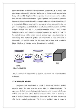 approaches include the miniaturization of material components (up to atomic level)
with further self-assembly processes leading to the formation of nanostructures.
During self-assembly the physical forces operating at nanoscale are used to combine
basic units into larger stable structures. Typical examples are quantum dot formation
during epitaxial growth and formation of nanoparticles from colloidal dispersion [8].
In these methods different metal particles are reduced to form nanoparticles. Various
types of metal particles used like Sodium monohydrate and Sodium citrate etc. Other
chemical reagents used are N, N-dimethylformamide (DMF), Poly (N-vinyl
pyrrolidine (PVP), ethyl alcohol, tetra-n-tetra-fluroborate (TFATEB), CTAB, etc.
This method initiates with a pattern which is generate larger scale, then reduced to
nanoscale[9]. This method of synthesis of nanoparticles is cheap and quick to
manufacture. This method is slow and not suitable for the large scale production.
(Figure 2 displays the chemical method for nanoparticles synthesis)
Fig.2. Synthesis of nanoparticles by physical (top down) and chemical method
(bottom up)
1.5.3. Biologicalmethod
Biosynthesis of nanoparticles is a sort of bottom up (chemical method)
approach where the main reaction taking place is reduction/oxidation. The
requirement for biosynthesis of nanoparticles increases as the physical and chemical
methods were expensive. Often, chemical synthesis method leads to formation of
some of the toxic chemical engrossed on the surface that may have unfavourable
effect in the medical applications. This is not a problem when it comes to
 
