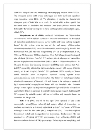 ZnO NPs. The particles size, morphology and topography resolved from FE-SEM.
The strong and narrow width of zinc and oxygen have better purity and crystalline
were recognized using EDX. UV–Vis absorption it exhibits the characteristic
absorption peak of ZnO NPs. As a result, the antimicrobial action exposed that
maximum zones of inhibition was observed Gram (+ve) positive bacteria and
followed by the Gram (−ve) negative bacterial and fungal at the volume of 200 μg/mL
of ZnO NP s.
Vijayakumar et al (2015) conducted investigation on “Plectranthus
amboinicus leaf extract mediated synthesis of zinc oxide nanoparticles and its control
of methicillin resistant Staphylococcus aureus biofilm and blood sucking mosquito
larvae” In this review, with the use of the leaf extract of Plectranthus
amboinicus (Pam-ZnO NPs) zinc oxide nanoparticles were biologically formed. The
formation of Pam-ZnO NPs were categorized by UV–Vis spectrophotometer, FTIR,
TEM and XRD examine. TEM investigation of Pam-ZnO NPs performed the standard
size of about 20–50 nm. Pam-ZnO NPs enhance the development of methicillin-
resistant Staphylococcus aureusbiofilms (MRSA ATCC 33591) at the quality of 8–
10 μg/ml. Confocal laser scanning microscope (CLSM) pictures exposed that Pam-
ZnO NPs powerfully inhibited the biofilm production capacity of S. aureus. With the
quantity of 8 and 10 μg/ml, Pam-ZnO NPs performed 100% mortality of fourth
instars mosquito larvae of Anopheles stephensi, adding together Culex
quinquefasciatus and Culex tritaeniorhynchus. The history of pathological studies
showing the occurrence of damaged cells and tissues in the mid-gut, experienced
by A. stephensi and C. quinquefasciatus larvae with the Pam-ZnO NPs. Foremost
changes contain rupture and degeneration of epithelial layer and cellular vacuolization
due to the trouble of injure tissue. It is stated with the current research that Pam-ZnO
NPs exposed the valuable control of S. aureus biofilms and mosquito larvae by
destructive the mid gut cells.
Bala et al (2015) studied on this topic Green synthesis of zinc oxide
nanoparticles using Hibiscus subdariffa leaf extract: effect of temperature on
synthesis, anti-bacterial activity and anti-diabetic activity”. Leaf extract of Hibiscus
subdariffa formed the Zinc oxide (ZnO) nanoparticles (NPs) . This study explains
formation of particle and its dependency on temperature. Production of NPs was
examined by UV-visible (UV-VIS) spectroscopy, X-ray diffraction (XRD) and
Fourier transforms infrared (FTIR) spectroscopy. To investigate the morphology and
 