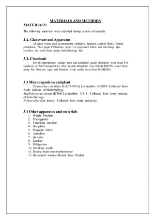 MATERIALS AND METHODS
MATERIALS:
The following materials were exploited during course of research:
3.1. Glassware andApparatus
All glass wares such as measuring cylinders, beakers, conical flasks, funnel,
petriplates, filter paper (Whatman paper -1), eppendorf tubes, and microfuge tips,
cuvettes, etc. were from Amity biotechnology lab.
3.2. Chemicals
For all experimental studies pure and analytical grade chemicals were used. For
synthesis of ZnO nanoparticles Zinc acetate dehydrate was (QUALIGENS) taken from
amity lab. Nutrient Agar and Nutrient Broth media were from HIMEDIA.
3.3 Microorganisms andplant
Escherichia coli strain B (KT45/45A) Lot number: #25029– Collected from
Amity institute of biotechnology.
Staphylococcus aureus (KT68) Lot number: 11118 - Collected from Amity institute
of biotechnology.
Eclipta alba plant leaves– Collected from Amity university.
3.4 Other apparatus and materials
1. Weight Machine
2. Micropipette
3. Centrifuge machine
4. Hot plates
5. Magnetic Stirrer
6. Autoclave
7. ph meter
8. Laminar
9. Refrigerator
10. Streaking needle
11. Double beam spectrophotometer
12. De-ionized water-collected from DI plant
 