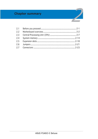 Chapter summary



 2.1
                                                                                    2
       Before you proceed .............................................................. 2-1
 2.2   Motherboard overview .......................................................... 2-2
 2.3   Central Processing Unit (CPU) .............................................. 2-7
 2.4   System memory ................................................................. 2-14
 2.5   Expansion slots ................................................................... 2-18
 2.6   Jumpers .............................................................................. 2-21
 2.7   Connectors ......................................................................... 2-23




                           ASUS P5AD2-E Deluxe
 