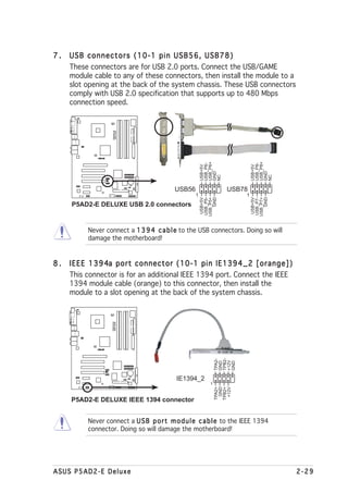 7.   USB connectors (10-1 pin USB56, USB78)
     These connectors are for USB 2.0 ports. Connect the USB/GAME
     module cable to any of these connectors, then install the module to a
     slot opening at the back of the system chassis. These USB connectors
     comply with USB 2.0 specification that supports up to 480 Mbps
     connection speed.
                         P5AD2-E
                         DELUXE




                    ®




                                                      USB_P6+




                                                                          USB_P8+
                                                      USB_P6-




                                                                          USB_P8-
                                                      USB+5V




                                                                          USB+5V
                                                      GND




                                                                          GND
                                                      NC




                                                                          NC
                                          USB56                  USB78
                                                  1                   1
                                                       USB+5V
                                                      USB_P5-
                                                      USB_P5+
                                                         GND




                                                                           USB+5V
                                                                          USB_P7-
                                                                          USB_P7+
                                                                             GND
     P5AD2-E DELUXE USB 2.0 connectors


          Never connect a 1 3 9 4 c a b l e to the USB connectors. Doing so will
          damage the motherboard!


8.                 4a
     I E E E 1 3 9 4a port connector (10-1 pin IE1394_2 [orange])
     This connector is for an additional IEEE 1394 port. Connect the IEEE
     1394 module cable (orange) to this connector, then install the
     module to a slot opening at the back of the system chassis.
                        P5AD2-E
                        DELUXE




                ®
                                                              TPB2-
                                                              TPA2-


                                                              +12V
                                                              GND


                                                              GND




                                           IE1394_2
                                                          1
                                                              TPA2+
                                                               GND
                                                              TPB2+
                                                               +12V




     P5AD2-E DELUXE IEEE 1394 connector


          Never connect a U S B p o r t m o d u l e c a b l e to the IEEE 1394
          connector. Doing so will damage the motherboard!




ASUS P5AD2-E Deluxe                                                                 2-29
 