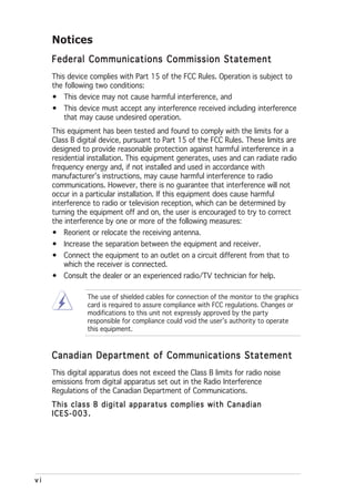 Notices
     Federal Communications Commission Statement
     This device complies with Part 15 of the FCC Rules. Operation is subject to
     the following two conditions:
     • This device may not cause harmful interference, and
     • This device must accept any interference received including interference
       that may cause undesired operation.
     This equipment has been tested and found to comply with the limits for a
     Class B digital device, pursuant to Part 15 of the FCC Rules. These limits are
     designed to provide reasonable protection against harmful interference in a
     residential installation. This equipment generates, uses and can radiate radio
     frequency energy and, if not installed and used in accordance with
     manufacturer’s instructions, may cause harmful interference to radio
     communications. However, there is no guarantee that interference will not
     occur in a particular installation. If this equipment does cause harmful
     interference to radio or television reception, which can be determined by
     turning the equipment off and on, the user is encouraged to try to correct
     the interference by one or more of the following measures:
     • Reorient or relocate the receiving antenna.
     • Increase the separation between the equipment and receiver.
     • Connect the equipment to an outlet on a circuit different from that to
       which the receiver is connected.
     • Consult the dealer or an experienced radio/TV technician for help.

                The use of shielded cables for connection of the monitor to the graphics
                card is required to assure compliance with FCC regulations. Changes or
                modifications to this unit not expressly approved by the party
                responsible for compliance could void the user’s authority to operate
                this equipment.



     Canadian Department of Communications Statement
     This digital apparatus does not exceed the Class B limits for radio noise
     emissions from digital apparatus set out in the Radio Interference
     Regulations of the Canadian Department of Communications.
     This class B digital apparatus complies with Canadian
     ICES-003.




vi
 