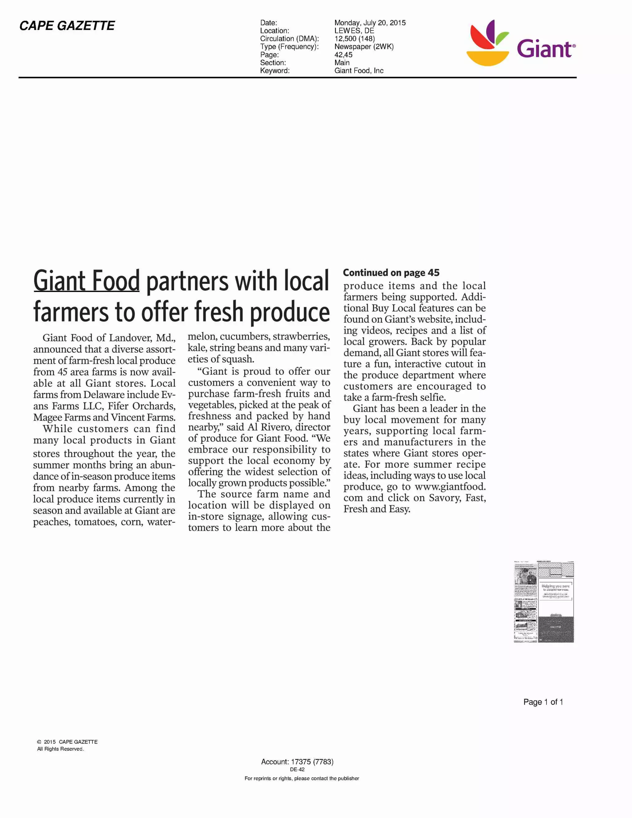 Media Clipping Example - Giant Foods | PDF
