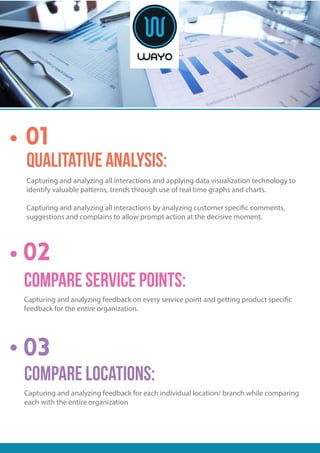 Qualitative Analysis:
Capturing and analyzing all interactions and applying data visualization technology to
identify valuable patterns, trends through use of real time graphs and charts.
Capturing and analyzing all interactions by analyzing customer specific comments,
suggestions and complains to allow prompt action at the decisive moment.
Compare service points:
Capturing and analyzing feedback on every service point and getting product specific
feedback for the entire organization.
Compare Locations:
Capturing and analyzing feedback for each individual location/ branch while comparing
each with the entire organization
 