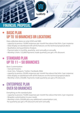Up to 10 Branches or locations
Basic Plan
Data collection done on only USSD and SMS
- capacity to process 10,000 responses per month free above that Kshs 2 per response
- Data Display on dashboard with all the features on the technical proposal above
- Qualitative and quantitative Analysis
- Payment plan is monthly, quarterly, semi-annually or annually
- Monthly is Kshs 125,000.Payments made quarterly you get a 4% discount
Up to 11 – 50 Branches
Standard Plan
Basic Customization
- User permissions
- Ussd, Sms, Telegram, Twitter, Facebook, Web
- capacity to process 30,000 responses per month free above that kshs 2 per response
- Data display on dashboard with all the features on the technical proposal above
- Monthly is Kshs 250,000. Payments made quarterly you get a 4% discount.
Over 50 branches
Enterprise Plan
Everything on the standard plan
- capacity to process 75,000 responses per month free above that kshs 2 per response
- Bespoke customization to your needs
- Monthly is kshs 250,000 plus any additional customization cost.
For quarterly you get a 4% discount and semi-annually.
FINANCIAL PROPOSAL
 