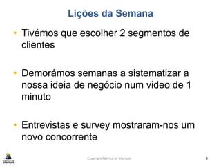 Lições da Semana
• Tivémos que escolher 2 segmentos de
clientes
• Demorámos semanas a sistematizar a
nossa ideia de negócio num video de 1
minuto
• Entrevistas e survey mostraram-nos um
novo concorrente
Copyright Fábrica de Startups 8
 
