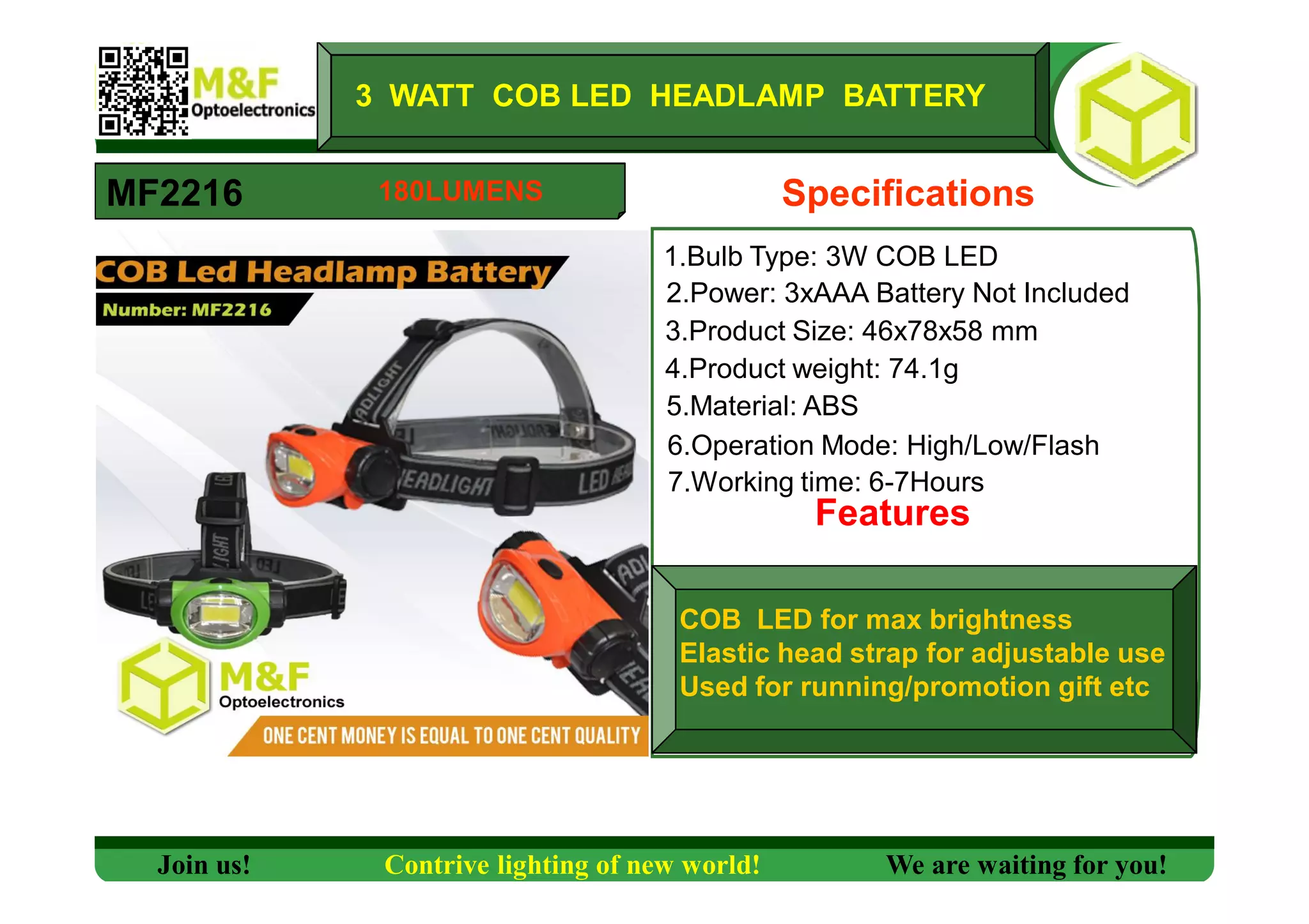 3 WATT COB LED HEADLAMP BATTERY
MF2216 Specifications
1.Bulb Type: 3W COB LED
2.Power: 3xAAA Battery Not Included
3.Product Size: 46x78x58 mm
4.Product weight: 74.1g
5.Material: ABS
6.Operation Mode: High/Low/Flash
7.Working time: 6-7Hours
Features
COB LED for max brightness
Elastic head strap for adjustable use
Used for running/promotion gift etc
Join us! Contrive lighting of new world! We are waiting for you!
180LUMENS
 