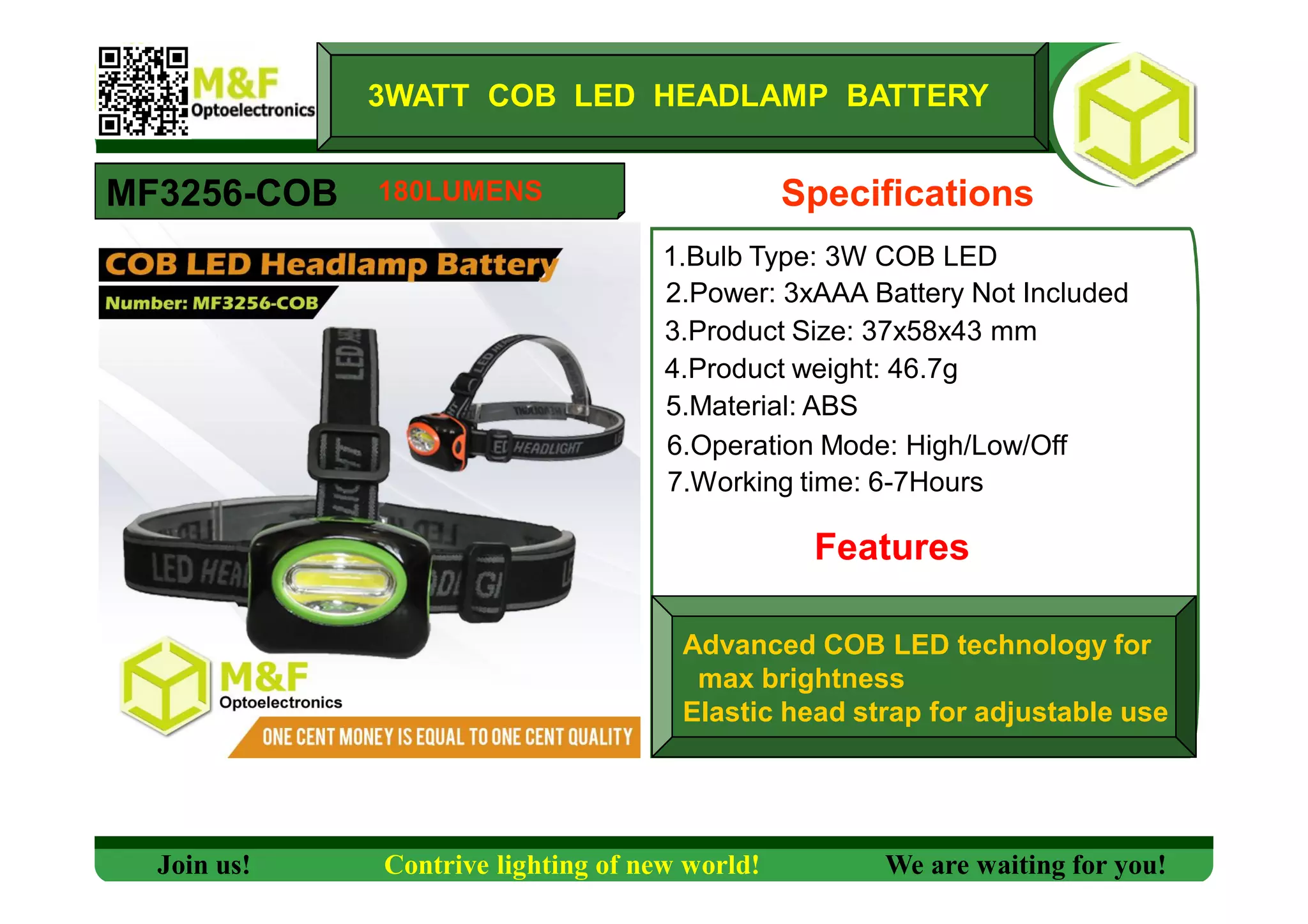 3WATT COB LED HEADLAMP BATTERY
MF3256-COB Specifications
1.Bulb Type: 3W COB LED
2.Power: 3xAAA Battery Not Included
3.Product Size: 37x58x43 mm
4.Product weight: 46.7g
5.Material: ABS
6.Operation Mode: High/Low/Off
7.Working time: 6-7Hours
Features
Advanced COB LED technology for
max brightness
Elastic head strap for adjustable use
Join us! Contrive lighting of new world! We are waiting for you!
180LUMENS
 