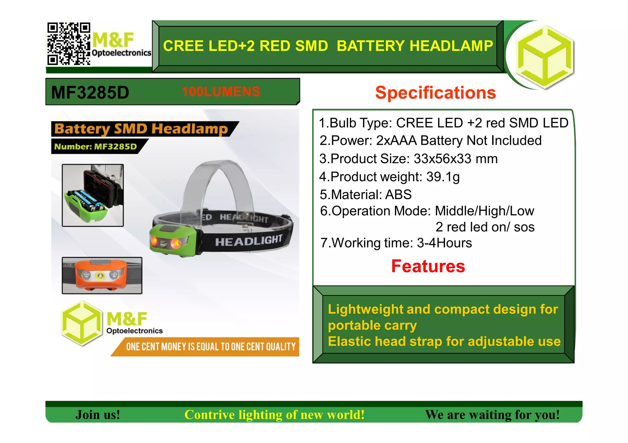 CREE LED+2 RED SMD BATTERY HEADLAMP
MF3285D Specifications
1.Bulb Type: CREE LED +2 red SMD LED
2.Power: 2xAAA Battery Not Included
3.Product Size: 33x56x33 mm
4.Product weight: 39.1g
5.Material: ABS
6.Operation Mode: Middle/High/Low
2 red led on/ sos
7.Working time: 3-4Hours
Features
Lightweight and compact design for
portable carry
Elastic head strap for adjustable use
Join us! Contrive lighting of new world! We are waiting for you!
100LUMENS
 
