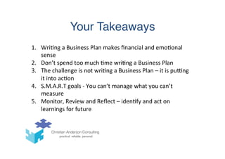 Your Takeaways
1.  Wri(ng	
  a	
  Business	
  Plan	
  makes	
  ﬁnancial	
  and	
  emo(onal	
  
sense	
  
2.  Don’t	
  spend	
  too	
  much	
  (me	
  wri(ng	
  a	
  Business	
  Plan	
  
3.  The	
  challenge	
  is	
  not	
  wri(ng	
  a	
  Business	
  Plan	
  –	
  it	
  is	
  pu`ng	
  
it	
  into	
  ac(on	
  
4.  S.M.A.R.T	
  goals	
  -­‐	
  You	
  can’t	
  manage	
  what	
  you	
  can’t	
  
measure	
  
5.  Monitor,	
  Review	
  and	
  Reﬂect	
  –	
  iden(fy	
  and	
  act	
  on	
  
learnings	
  for	
  future	
  
 