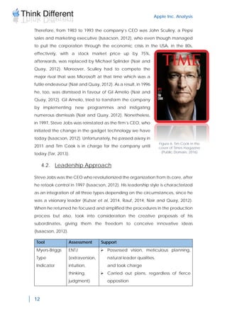 Apple Inc. Analysis
12
Therefore, from 1983 to 1993 the company’s CEO was John Sculley, a Pepsi
sales and marketing executive (Isaacson, 2012), who even though managed
to pull the corporation through the economic crisis in the USA, in the 80s,
effectively, with a stock market price up by 75%,
afterwards, was replaced by Michael Splinder (Nair and
Quay, 2012). Moreover, Sculley had to compete the
major rival that was Microsoft at that time which was a
futile endeavour (Nair and Quay, 2012). As a result, in 1996
he, too, was dismissed in favour of Gil Amelio (Nair and
Quay, 2012). Gil Amelio, tried to transform the company
by implementing new programmes and instigating
numerous dismissals (Nair and Quay, 2012). Nonetheless,
in 1997, Steve Jobs was reinstated as the firm’s CEO, who
initiated the change in the gadget technology we have
today (Isaacson, 2012). Unfortunately, he passed away in
2011 and Tim Cook is in charge for the company until
today (Tar, 2013).
4.2. Leadership Approach
Steve Jobs was the CEO who revolutionized the organization from its core, after
he retook control in 1997 (Isaacson, 2012). His leadership style is characterized
as an integration of all three types depending on the circumstances, since he
was a visionary leader (Kutsar et al, 2014, Rauf, 2014, Nair and Quay, 2012).
When he returned he focused and simplified the procedures in the production
process but also, took into consideration the creative proposals of his
subordinates, giving them the freedom to conceive innovative ideas
(Isaacson, 2012).
Tool Assessment Support
Myers-Briggs
Type
Indicator
ENTJ
(extraversion,
intuition,
thinking,
judgment)
 Possessed vision, meticulous planning,
natural leader qualities,
and took charge
 Carried out plans, regardless of fierce
opposition
Figure 6. Tim Cook in the
cover of Times magazine
(Public Domain, 2016)
 