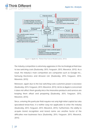 Apple Inc. Analysis
27
The industry competition is extremely aggressive in the technological field due
to low switching costs (Dudovskiy, 2015, Ferguson, 2015, Maverick, 2015). As a
result, the industry’s main competitors are companies such as Google Inc.,
Samsung Electronics and Amazon Ltd. (Dudovskiy, 2015, Ferguson, 2015,
Maverick, 2015).
Moreover, again due to the low switching costs customers power is excessive
(Dudovskiy, 2015, Ferguson, 2015, Maverick, 2015). As far as Apple is concerned
it does not affect them greatly since the innovative products and services are
keeping them afloat and prospering (Dudovskiy, 2015, Ferguson, 2015,
Maverick, 2015).
Since, entering this particular field requires not only high initial capital but also
specialized know-how, it is neither easy nor applicable to enter the industry
(Dudovskiy, 2015, Ferguson, 2015, Maverick, 2015). Furthermore, the ability to
acquire brand recognition and brand name are another factor of the
difficulties new businesses face (Dudovskiy, 2015, Ferguson, 2015, Maverick,
2015).
Figure 4. Apple Inc. Porter's Five Forces Model (Loizos, 2013)
 