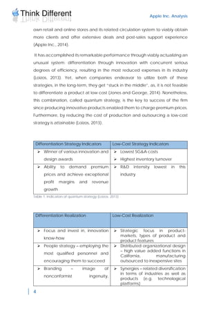 Apple Inc. Analysis
4
own retail and online stores and its related circulation system to viably obtain
more clients and offer extensive deals and post-sales support experience
(Apple Inc., 2014).
It has accomplished its remarkable performance through viably actualizing an
unusual system: differentiation through innovation with concurrent serious
degrees of efficiency, resulting in the most reduced expenses in its industry
(Loizos, 2013). Yet, when companies endeavor to utilize both of these
strategies, in the long-term, they get “stuck in the middle”, as, it is not feasible
to differentiate a product at low cost (Jones and George, 2014). Nonetheless,
this combination, called quantum strategy, is the key to success of the firm
since producing innovative products enabled them to charge premium prices.
Furthermore, by reducing the cost of production and outsourcing a low-cost
strategy is attainable (Loizos, 2013).
Differentiation Strategy Indicators Low-Cost Strategy Indicators
 Winner of various innovation and
design awards
 Lowest SG&A costs
 Highest inventory turnover
 Ability to demand premium
prices and achieve exceptional
profit margins and revenue
growth
 R&D intensity lowest in this
industry
Table 1. Indicators of quantum strategy (Loizos, 2013)
Differentiation Realization Low-Cost Realization
 Focus and invest in, innovation
know-how
 Strategic focus in product-
markets, types of product and
product features
 People strategy – employing the
most qualified personnel and
encouraging them to succeed
 Distributed organizational design
– high value added functions in
California, manufacturing
outsourced to inexpensive sites
 Branding – image of
nonconformist ingenuity,
 Synergies – related diversification
in terms of industries as well as
products (e.g. technological
platforms)
 