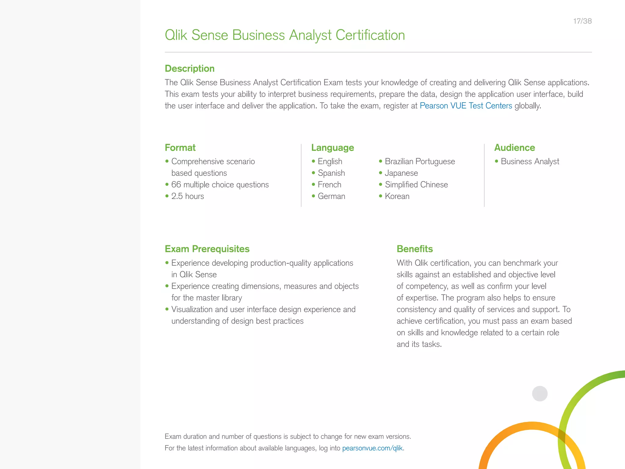 With Qlik certification, you can benchmark your
skills against an established and objective level
of competency, as well as confirm your level
of expertise. The program also helps to ensure
consistency and quality of services and support. To
achieve certification, you must pass an exam based
on skills and knowledge related to a certain role
and its tasks.
Qlik Sense Business Analyst Certification
Description
Format AudienceLanguage
• Business Analyst• English
• Spanish
• French
• German
The Qlik Sense Business Analyst Certification Exam tests your knowledge of creating and delivering Qlik Sense applications.
This exam tests your ability to interpret business requirements, prepare the data, design the application user interface, build
the user interface and deliver the application. To take the exam, register at Pearson VUE Test Centers globally.
Exam Prerequisites Benefits
• Experience developing production-quality applications
in Qlik Sense
• Experience creating dimensions, measures and objects
for the master library
• Visualization and user interface design experience and
understanding of design best practices
• Comprehensive scenario
based questions
• 66 multiple choice questions
• 2.5 hours
17/38
Exam duration and number of questions is subject to change for new exam versions.
For the latest information about available languages, log into pearsonvue.com/qlik.
• Brazilian Portuguese
• Japanese
• Simplified Chinese
• Korean
• Qlik Sense Course Overview
• Data Modeling for Qlik Sense
• Administer and Maintain Qlik Sense
• Qlik Sense for QlikView Developers
• Qlik Sense Server Architecture
• Create Mashups with Qlik Sense
Qlik Sense®
Courses  Certifications
QlikView®
Courses  Certifications
Programs
• Qlik Sense Data Architect Certification
• Qlik Sense System Administrator
Certification
• Qlik Sense Business Analyst
Certification
• Qlik Skills Assessment
• Custom Application Training
• Qlik Academic Program
• Create Visualizations with Qlik Sense
• QlikView Course Overview
• QlikView Performance and Scalability
• QlikView Advanced Topics in Design
and Development
• QlikView Server Publisher
• QlikView Developer
• Data Visualization and Design
Best Practices Using QlikView
• QlikView Designer
• QlikView Designer Certification
• QlikView System Administrator
Certification
• QlikView Developer Certification
• Reporting with QlikView NPrinting
 