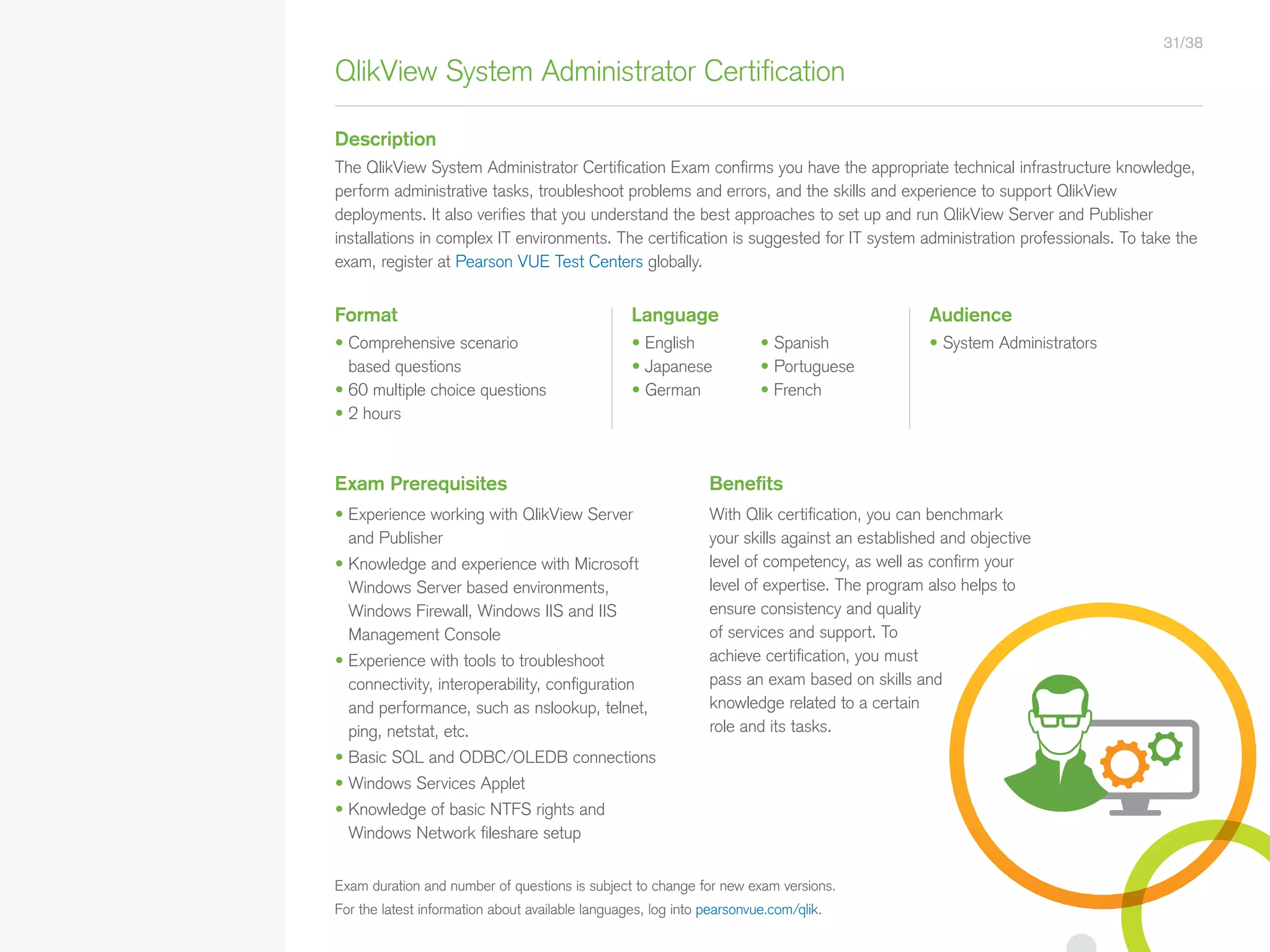 QlikView System Administrator Certification
Description
• English
• Japanese
• German
The QlikView System Administrator Certification Exam confirms you have the appropriate technical infrastructure knowledge,
perform administrative tasks, troubleshoot problems and errors, and the skills and experience to support QlikView
deployments. It also verifies that you understand the best approaches to set up and run QlikView Server and Publisher
installations in complex IT environments. The certification is suggested for IT system administration professionals. To take the
exam, register at Pearson VUE Test Centers globally.
Exam Prerequisites
• Experience working with QlikView Server
and Publisher
• Knowledge and experience with Microsoft
Windows Server based environments,
Windows Firewall, Windows IIS and IIS
Management Console
• Experience with tools to troubleshoot
connectivity, interoperability, configuration
and performance, such as nslookup, telnet,
ping, netstat, etc.
• Basic SQL and ODBC/OLEDB connections
• Windows Services Applet
• Knowledge of basic NTFS rights and
Windows Network fileshare setup
AudienceFormat Language
• System Administrators• Comprehensive scenario
based questions
• 60 multiple choice questions
• 2 hours
Benefits
With Qlik certification, you can benchmark
your skills against an established and objective
level of competency, as well as confirm your
level of expertise. The program also helps to
ensure consistency and quality
of services and support. To
achieve certification, you must
pass an exam based on skills and
knowledge related to a certain
role and its tasks.
31/38
Exam duration and number of questions is subject to change for new exam versions.
For the latest information about available languages, log into pearsonvue.com/qlik.
• Spanish
• Portuguese
• French
• Qlik Sense Course Overview
• Data Modeling for Qlik Sense
• Administer and Maintain Qlik Sense
• Qlik Sense for QlikView Developers
• Qlik Sense Server Architecture
• Create Mashups with Qlik Sense
Qlik Sense®
Courses  Certifications
QlikView®
Courses  Certifications
Programs
• Qlik Sense Data Architect Certification
• Qlik Sense System Administrator
Certification
• Qlik Sense Business Analyst
Certification
• Qlik Skills Assessment
• Custom Application Training
• Qlik Academic Program
• Create Visualizations with Qlik Sense
• QlikView Course Overview
• QlikView Performance and Scalability
• QlikView Advanced Topics in Design
and Development
• QlikView Server Publisher
• QlikView Developer
• Data Visualization and Design
Best Practices Using QlikView
• QlikView Designer
• QlikView Designer Certification
• QlikView System
Administrator Certification
• QlikView Developer Certification
• Reporting with QlikView NPrinting
 