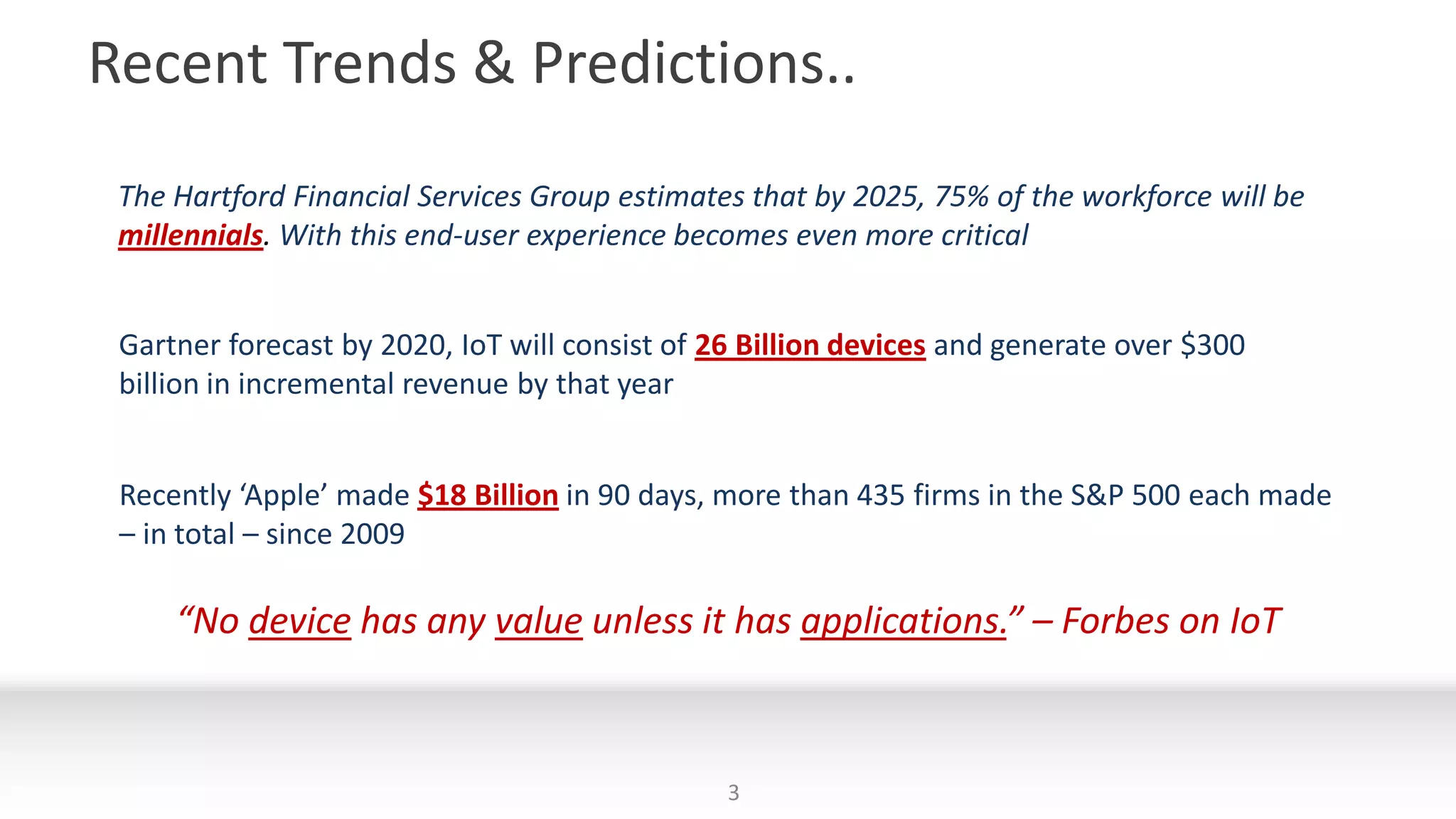 Recent Trends & Predictions..
3
The Hartford Financial Services Group estimates that by 2025, 75% of the workforce will be
millennials. With this end-user experience becomes even more critical
Gartner forecast by 2020, IoT will consist of 26 Billion devices and generate over $300
billion in incremental revenue by that year
Recently ‘Apple’ made $18 Billion in 90 days, more than 435 firms in the S&P 500 each made
– in total – since 2009
“No device has any value unless it has applications.” – Forbes on IoT
 