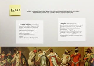 -
La valeur intinsèque du design réside dans le renforcement de la relation entre vos clients et votre service.
Demandez-moi un rendez-vous, autour d’un café, pour recevoir un devis adapté.
-
La valeur ajoutée que j’apporte au
startup est un meilleur alignement de la
stratégie avec l’expérience de service.
- Meilleurs connaissance de votre
marché et de vos utilisateurs.
- Expérience améliorée du service et
clients plus satisfaits.
- Business Model et service plus
innovant.
- Identité de marque plus impactante.
Exemples de prix par mission :
. Entretien pour étude qualitative: 2-3 000 €
. Animation d’un atelier créatif: 500-1 000 €
. Définition d’un service et son business
model associé: 3-5 000 €
. Visualisation de profils d’utilisateurs types
(personae) et parcours d’usage: 3-4 000 €
. Test d’une application: 2-3 000 €
. Réalisation d’un parcours acquisition client:
1 500-3 000 €
 