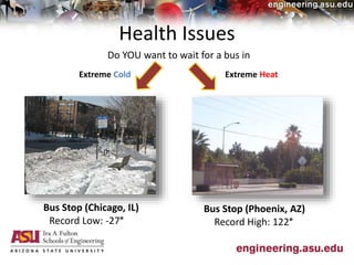 Health Issues
Record Low: -27°
Bus Stop (Chicago, IL)
Record High: 122°
Bus Stop (Phoenix, AZ)
Do YOU want to wait for a bus in
Extreme Cold Extreme Heat
 