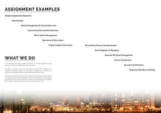 Design  Application Engineers
	 Directorships
			 Interim Management  Directorship Cover
				 International Recruitment Solutions
						Mid to Senior Management
							 Operatives  Site Labour
							 		Product Support Executives Recruitment Process Standardisation
		 Sales Engineers  Managers
				Seasonal Workload Management
						Service Technicians
								Surveyors  Estimators
									Temporary Workforce Staffing
As an international leading specialist recruitment firm, we help organisations of all
sizes hire the best possible people for their business.
We help you improve the quality and skills of your workforce, giving you a
significant competitive edge. Our recruitment methods are innovating yet
professional and geared totally around achieving the desired results.
Making your life easier and saving you valuable money and time are key benefits
to using a proven recruitment business when you are looking to hire. We have
successfully worked with thousands of clients across Europe and Asia helping
them design, implement and deliver recruitment services that work.
WHAT WE DO
ASSIGNMENT EXAMPLES
 