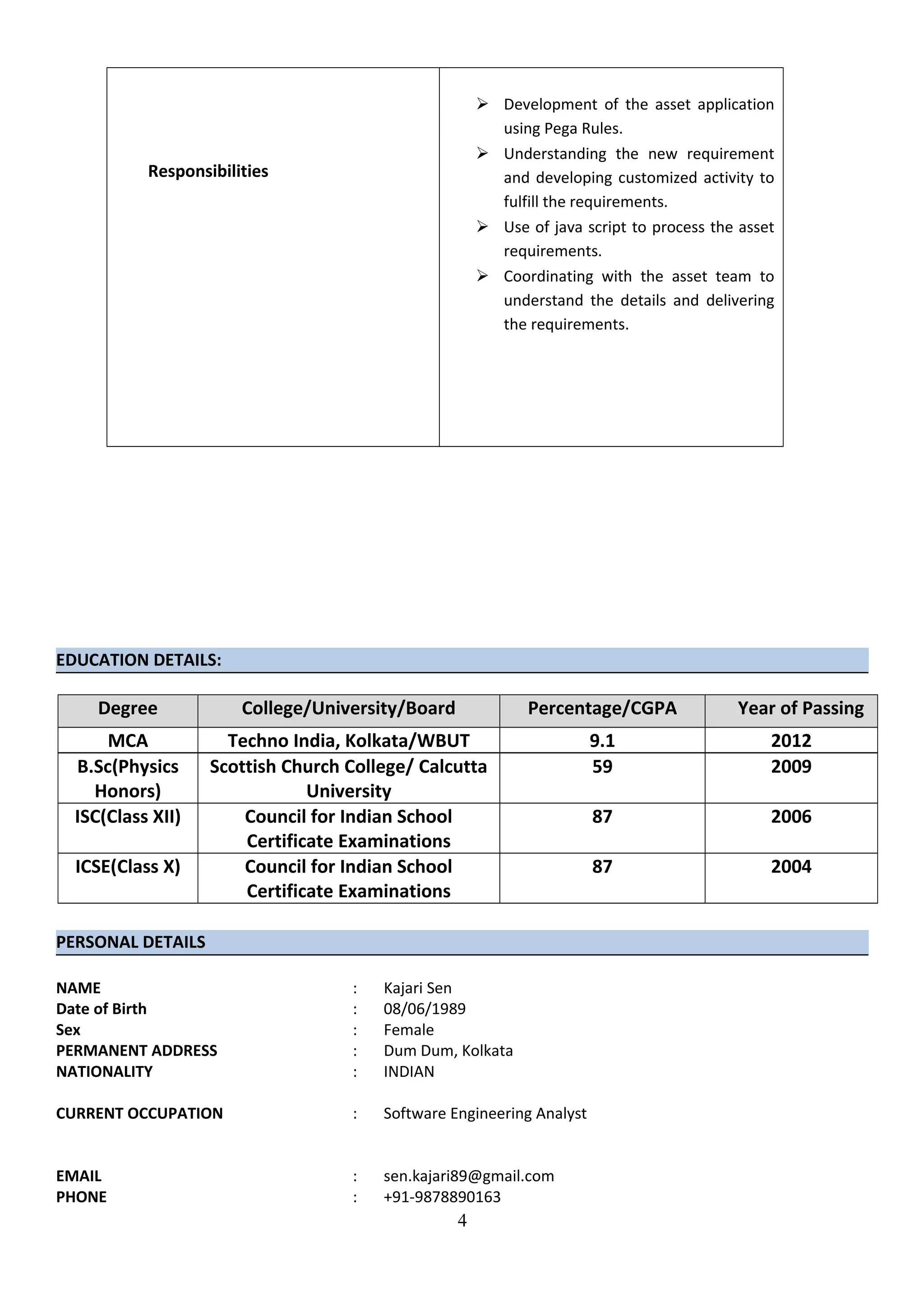 Responsibilities
 Development of the asset application
using Pega Rules.
 Understanding the new requirement
and developing customized activity to
fulfill the requirements.
 Use of java script to process the asset
requirements.
 Coordinating with the asset team to
understand the details and delivering
the requirements.
EDUCATION DETAILS:
Degree College/University/Board Percentage/CGPA Year of Passing
MCA Techno India, Kolkata/WBUT 9.1 2012
B.Sc(Physics
Honors)
Scottish Church College/ Calcutta
University
59 2009
ISC(Class XII) Council for Indian School
Certificate Examinations
87 2006
ICSE(Class X) Council for Indian School
Certificate Examinations
87 2004
PERSONAL DETAILS
NAME
Date of Birth
:
:
Kajari Sen
08/06/1989
Sex : Female
PERMANENT ADDRESS : Dum Dum, Kolkata
NATIONALITY : INDIAN
CURRENT OCCUPATION : Software Engineering Analyst
EMAIL : sen.kajari89@gmail.com
PHONE : +91-9878890163
4
 