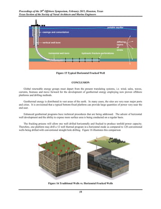 Proceedings of the 20th
Offshore Symposium, February 2015, Houston, Texas
Texas Section of the Society of Naval Architects and Marine Engineers
18
Figure 15 Typical Horizontal Fracked Well
CONCLUSION
Global renewable energy groups must depart from the present translating systems, i.e. wind, sales, waves,
currents, biomass and move forward for the development of geothermal energy employing new proven offshore
platforms and drilling methods.
Geothermal energy is distributed in vast areas of the earth. In many cases, the sites are very near major ports
and cities. It is envisioned that a typical bottom-fixed platform can provide large quantities of power very near the
end user.
Enhanced geothermal programs have technical procedures that are being addressed. The advent of horizontal
well development and the ability to expose more surface area is being conducted on a regular basis.
The fracking process will allow one well drilled horizontally and fracked to produce tenfold power capacity.
Therefore, one platform may drill a 12 well thermal program in a horizontal mode as compared to 120 conventional
wells being drilled with conventional straight hole drilling. Figure 16 illustrates this comparison
Figure 16 Traditional Wells vs. Horizontal Fracked Wells
 