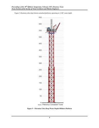 Proceedings of the 20th
Offshore Symposium, February 2015, Houston, Texas
Texas Section of the Society of Naval Architects and Marine Engineers
6
Figure 5 illustrates ultra deep bottom-attached platforms operating in 2,100’ water depth.
Figure 5 – Petronius Ultra Deep Water Depth Offshore Platform
 