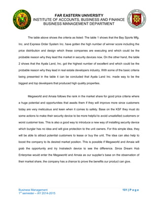 FAR EASTERN UNIVERSITY
INSTITUTE OF ACCOUNTS, BUSINESS AND FINANCE
BUSINESS MANAGEMENT DEPARTMENT
Business Management 101 | P a g e
1st
semester – AY 2014-2015
The table above shows the criteria as listed: The table 1 shows that the Bay Sports Mfg.
Inc. and Express Order System Inc. have gotten the high number of winner score including the
price distribution and design which these companies are executing and which could be the
probable reason why they lead the market in security devices now. On the other hand, the table
2 shows that the Ayala Land, Inc. got the highest number of excellent and which could be the
probable reason why they lead in real estate developers industry. With some of the basic criteria
being presented in the table it can be concluded that Ayala Land Inc. made way to be the
biggest and top developers that produced high quality properties.
Megaworld and Amaia follows the rank in the market share for good price criteria where
a huge potential and opportunities that awaits them if they will improve more since customers
today are very meticulous and keen when it comes to safety. Base on the KSF they must do
some actions to make their security device to be more helpful to avoid unsatisfied customers or
worst customer loss. This is also a good way to introduce a new way of installing security device
which burglar has no idea and will give protection to the unit owners. For this simple idea, they
will be able to attract potential customers to lease or buy the unit. The idea can also help to
boost the company to its desired market position. This is possible if Megaworld and Amaia will
grab the opportunity and try Instratech device to see the difference. Since Dream Hub
Enterprise would enter the Megaworld and Amaia as our supplier‘s base on the observation of
their market share, the company has a chance to prove the benefits our product can give.
 