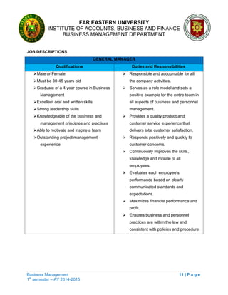 FAR EASTERN UNIVERSITY
INSTITUTE OF ACCOUNTS, BUSINESS AND FINANCE
BUSINESS MANAGEMENT DEPARTMENT
Business Management 11 | P a g e
1st
semester – AY 2014-2015
JOB DESCRIPTIONS
GENERAL MANAGER
Qualifications Duties and Responsibilities
Male or Female
Must be 30-45 years old
Graduate of a 4 year course in Business
Management
Excellent oral and written skills
Strong leadership skills
Knowledgeable of the business and
management principles and practices
Able to motivate and inspire a team
Outstanding project management
experience
 Responsible and accountable for all
the company activities.
 Serves as a role model and sets a
positive example for the entire team in
all aspects of business and personnel
management.
 Provides a quality product and
customer service experience that
delivers total customer satisfaction.
 Responds positively and quickly to
customer concerns.
 Continuously improves the skills,
knowledge and morale of all
employees.
 Evaluates each employee‘s
performance based on clearly
communicated standards and
expectations.
 Maximizes financial performance and
profit.
 Ensures business and personnel
practices are within the law and
consistent with policies and procedure.
 
