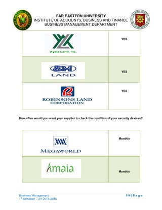 FAR EASTERN UNIVERSITY
INSTITUTE OF ACCOUNTS, BUSINESS AND FINANCE
BUSINESS MANAGEMENT DEPARTMENT
Business Management 114 | P a g e
1st
semester – AY 2014-2015
YES
YES
YES
How often would you want your supplier to check the condition of your security devices?
Monthly
Monthly
 