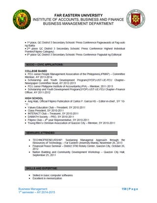 FAR EASTERN UNIVERSITY
INSTITUTE OF ACCOUNTS, BUSINESS AND FINANCE
BUSINESS MANAGEMENT DEPARTMENT
Business Management 158 | P a g e
1st
semester – AY 2014-2015
 
