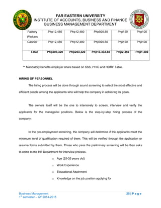 FAR EASTERN UNIVERSITY
INSTITUTE OF ACCOUNTS, BUSINESS AND FINANCE
BUSINESS MANAGEMENT DEPARTMENT
Business Management 25 | P a g e
1st
semester – AY 2014-2015
** Mandatory benefits employer share based on SSS, PHIC and HDMF Table.
HIRING OF PERSONNEL
The hiring process will be done through sound screening to select the most effective and
efficient people among the applicants who will help the company in achieving its goals.
The owners itself will be the one to intensively to screen, interview and verify the
applicants for the managerial positions. Below is the step-by-step hiring process of the
company:
In the pre-employment screening, the company will determine if the applicants meet the
minimum level of qualification required of them. This will be verified through the application or
resume forms submitted by them. Those who pass the preliminary screening will be then asks
to come to the HR Department for interview process.
o Age (25-35 years old)
o Work Experience
o Educational Attainment
o Knowledge on the job position applying for
Factory
Workers
Php12,480 Php12,480 Php920.80 Php150 Php100
Cashier Php12,480 Php12,480 Php920.80 Php150 Php100
Total Php203,320 Php203,320 Php13,333.60 Php2,450 Php1,300
 