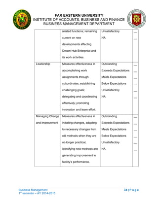 FAR EASTERN UNIVERSITY
INSTITUTE OF ACCOUNTS, BUSINESS AND FINANCE
BUSINESS MANAGEMENT DEPARTMENT
Business Management 34 | P a g e
1st
semester – AY 2014-2015
related functions; remaining
current on new
developments affecting
Dream Hub Enterprise and
its work activities.
Unsatisfactory
NA
__
__
Leadership Measures effectiveness in
accomplishing work
assignments through
subordinates; establishing
challenging goals;
delegating and coordinating
effectively; promoting
innovation and team effort.
Outstanding
Exceeds Expectations
Meets Expectations
Below Expectations
Unsatisfactory
NA
__
__
__
__
__
__
Managing Change
and Improvement
Measures effectiveness in
initiating changes, adapting
to necessary changes from
old methods when they are
no longer practical,
identifying new methods and
generating improvement in
facility‘s performance.
Outstanding
Exceeds Expectations
Meets Expectations
Below Expectations
Unsatisfactory
NA
__
__
__
__
__
__
 