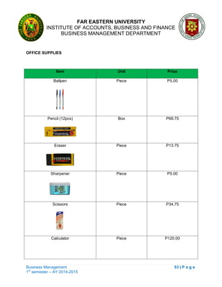 FAR EASTERN UNIVERSITY
INSTITUTE OF ACCOUNTS, BUSINESS AND FINANCE
BUSINESS MANAGEMENT DEPARTMENT
Business Management 53 | P a g e
1st
semester – AY 2014-2015
OFFICE SUPPLIES
Item Unit Price
Ballpen Piece P5.00
Pencil (12pcs) Box P68.75
Eraser Piece P13.75
Sharpener Piece P5.00
Scissors Piece P34.75
Calculator Piece P120.00
 