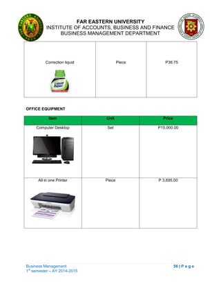 FAR EASTERN UNIVERSITY
INSTITUTE OF ACCOUNTS, BUSINESS AND FINANCE
BUSINESS MANAGEMENT DEPARTMENT
Business Management 56 | P a g e
1st
semester – AY 2014-2015
Correction liquid Piece P36.75
OFFICE EQUIPMENT
Item Unit Price
Computer Desktop Set P15,000.00
All in one Printer Piece P 3,695.00
 