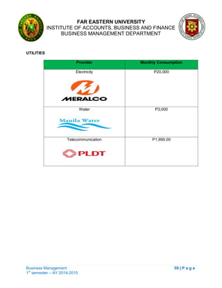 FAR EASTERN UNIVERSITY
INSTITUTE OF ACCOUNTS, BUSINESS AND FINANCE
BUSINESS MANAGEMENT DEPARTMENT
Business Management 59 | P a g e
1st
semester – AY 2014-2015
UTILITIES
Provider Monthly Consumption
Electricity P20,000
Water P3,000
Telecommunication P1,995.00
 