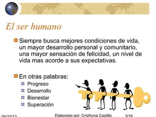 Elaborado por: Cristhyna Castillo
El ser humano
Siempre busca mejores condiciones de vida,
un mayor desarrollo personal y comunitario,
una mayor sensación de felicidad, un nivel de
vida mas acorde a sus expectativas.
En otras palabras:
Progreso
Desarrollo
Bienestar
Superación
 