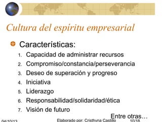 Elaborado por: Cristhyna Castillo
Cultura del espíritu empresarial
Características:
1. Capacidad de administrar recursos
2. Compromiso/constancia/perseverancia
3. Deseo de superación y progreso
4. Iniciativa
5. Liderazgo
6. Responsabilidad/solidaridad/ética
7. Visión de futuro
Entre otras…
 