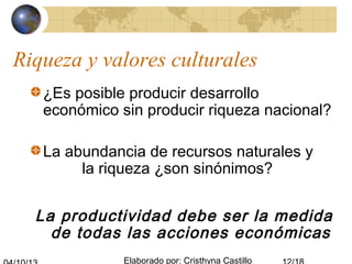 Elaborado por: Cristhyna Castillo
Riqueza y valores culturales
¿Es posible producir desarrollo
económico sin producir riqueza nacional?
La abundancia de recursos naturales y
la riqueza ¿son sinónimos?
La productividad debe ser la medida
de todas las acciones económicas
 