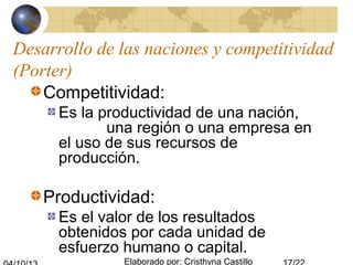 Elaborado por: Cristhyna Castillo
Desarrollo de las naciones y competitividad
(Porter)
Competitividad:
Es la productividad de una nación,
una región o una empresa en
el uso de sus recursos de
producción.
Productividad:
Es el valor de los resultados
obtenidos por cada unidad de
esfuerzo humano o capital.
 