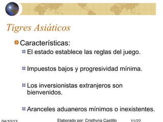 Elaborado por: Cristhyna Castillo
Tigres Asiáticos
Características:
El estado establece las reglas del juego.
Impuestos bajos y progresividad mínima.
Los inversionistas extranjeros son
bienvenidos.
Aranceles aduaneros mínimos o inexistentes.
 
