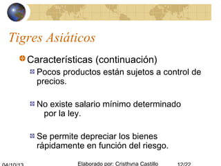 Elaborado por: Cristhyna Castillo
Tigres Asiáticos
Características (continuación)
Pocos productos están sujetos a control de
precios.
No existe salario mínimo determinado
por la ley.
Se permite depreciar los bienes
rápidamente en función del riesgo.
 