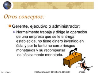 Elaborado por: Cristhyna Castillo
Otros conceptos:
Gerente, ejecutivo o administrador:
Normalmente trabaja y dirige la operación
de una empresa que se le entrega
establecida, no tiene dinero invertido en
ésta y por lo tanto no corre riesgos
monetarios y su recompensa
es básicamente monetaria.
 