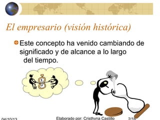 Elaborado por: Cristhyna Castillo
El empresario (visión histórica)
Este concepto ha venido cambiando de
significado y de alcance a lo largo
del tiempo.
 