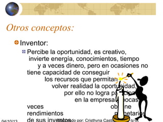 Elaborado por: Cristhyna Castillo
Otros conceptos:
Inventor:
Percibe la oportunidad, es creativo,
invierte energía, conocimientos, tiempo
y a veces dinero, pero en ocasiones no
tiene capacidad de conseguir
los recursos que permitan
volver realidad la oportunidad,
por ello no logra participar
en la empresa y pocas
veces obtiene
rendimientos monetarios
 