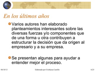 04/10/13 Elaborado por Cristhyna Castillo 6/25
En los últimos años
Varios autores han elaborado
planteamientos interesantes sobre las
diversas fuerzas y/o componentes que
de una forma u otra contribuyen a
estructurar la decisión que da origen al
empresario y a su empresa.
Se presentan algunas para ayudar a
entender mejor el proceso.
 
