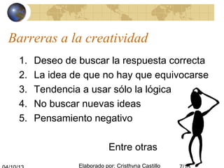 Elaborado por: Cristhyna Castillo
Barreras a la creatividad
1. Deseo de buscar la respuesta correcta
2. La idea de que no hay que equivocarse
3. Tendencia a usar sólo la lógica
4. No buscar nuevas ideas
5. Pensamiento negativo
Entre otras
 