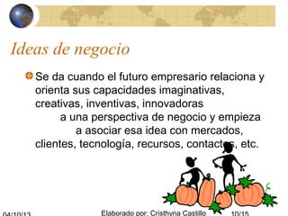 Elaborado por: Cristhyna Castillo
Ideas de negocio
Se da cuando el futuro empresario relaciona y
orienta sus capacidades imaginativas,
creativas, inventivas, innovadoras
a una perspectiva de negocio y empieza
a asociar esa idea con mercados,
clientes, tecnología, recursos, contactos, etc.
 
