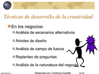 Elaborado por: Cristhyna Castillo
Técnicas de desarrollo de la creatividad
En los negocios:
Análisis de escenarios alternativos
Árboles de diseño
Análisis de campo de fuerza
Replanteo de preguntas
Análisis de la naturaleza del negocio
 